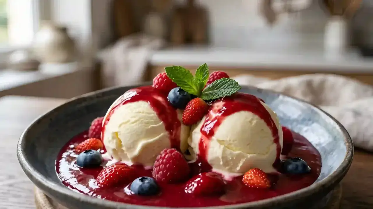 Glace mascarpone sans sorbeti&egrave;re, servie avec un coulis de fruits rouges et des baies fra&icirc;ches. Un d&eacute;lice !