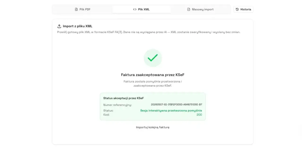 Faktura zaakceptowana przez KSeF po imporcie XML. Status: Sesja interaktywna przetworzona pomyślnie. Rachunek uproszczony.