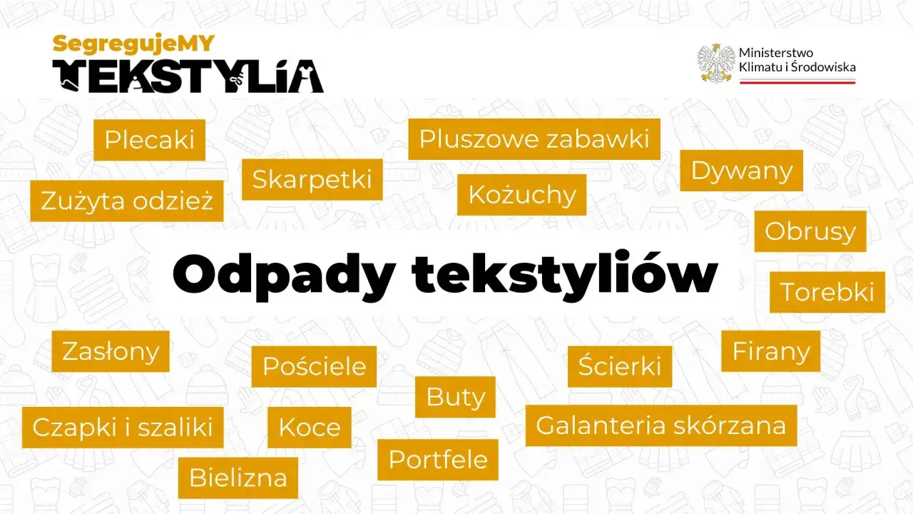 Odpady tekstyliów: plecaki, skarpety, zużyta odzież, pluszowe zabawki, kożuchy, dywany, obrusy, torebki, zasłony, pościele, buty, ścierki, firany, czapki i szaliki, koce, galanteria skórzana, bielizna, portfele.