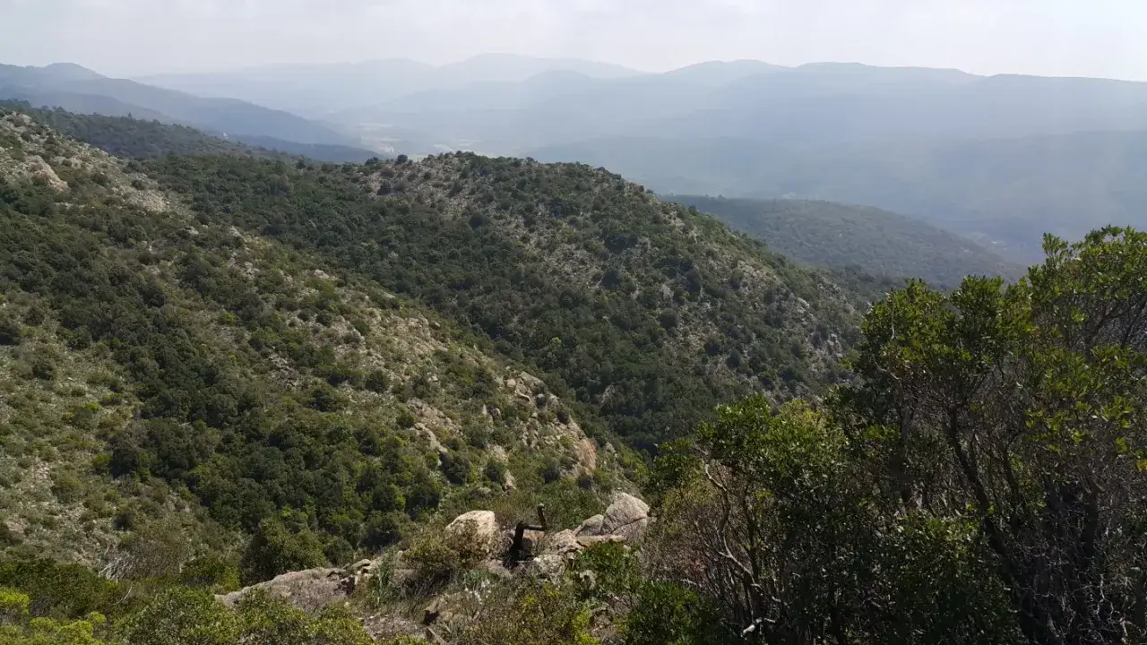 Vue panoramique d'une **randonnée Chartreuse de la Verne**. Des collines verdoyantes et rocheuses s'étendent à perte de vue, baignées d'une douce lumière.