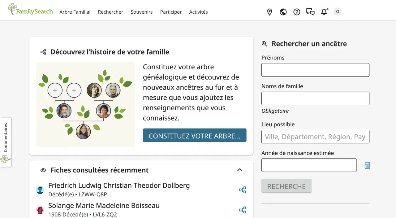 D&eacute;couvrez votre histoire familiale avec FamilySearch gratuit. Cr&eacute;ez votre arbre g&eacute;n&eacute;alogique et recherchez vos anc&ecirc;tres.