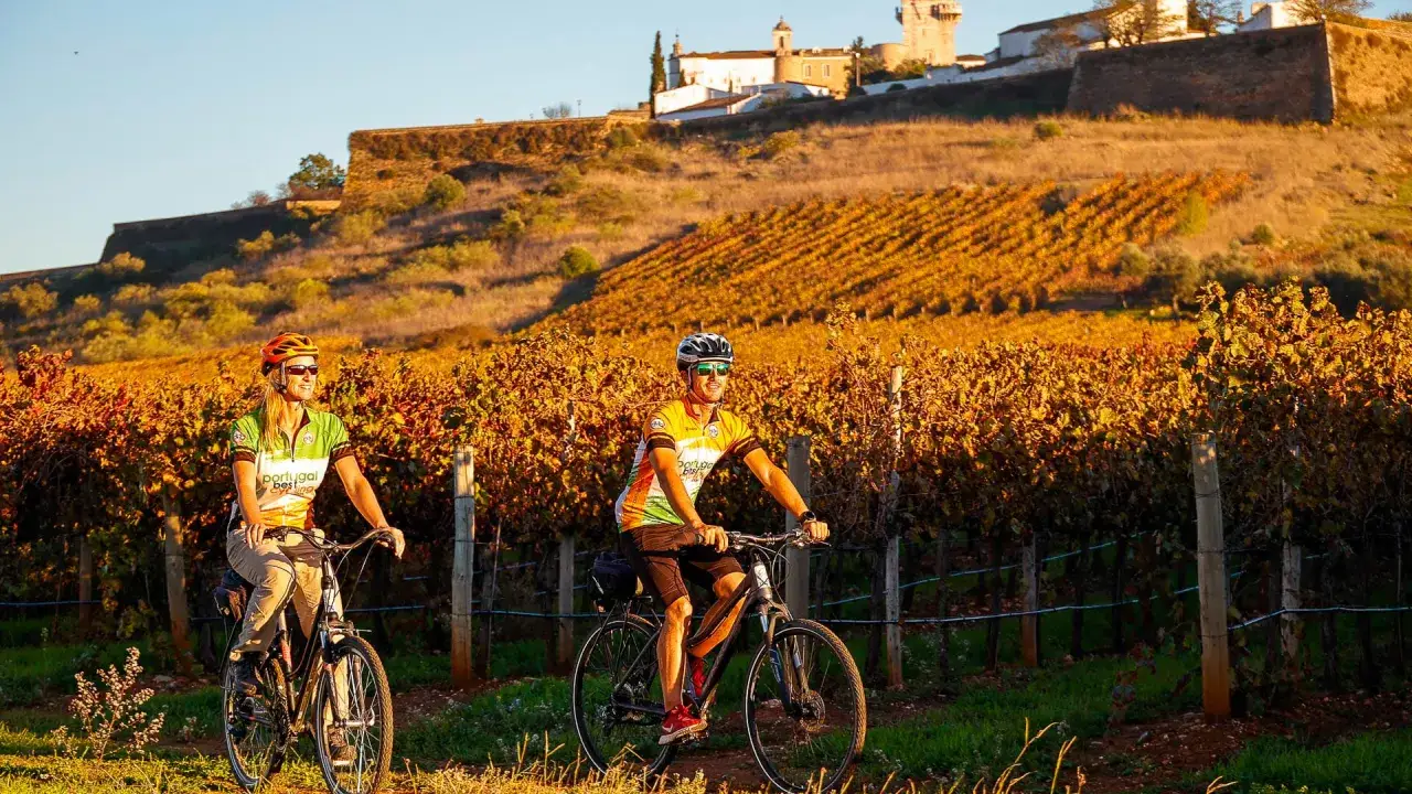 Couple enjoying guided bike tours Europe through a golden vineyard at sunset, with a historic castle on the hill.