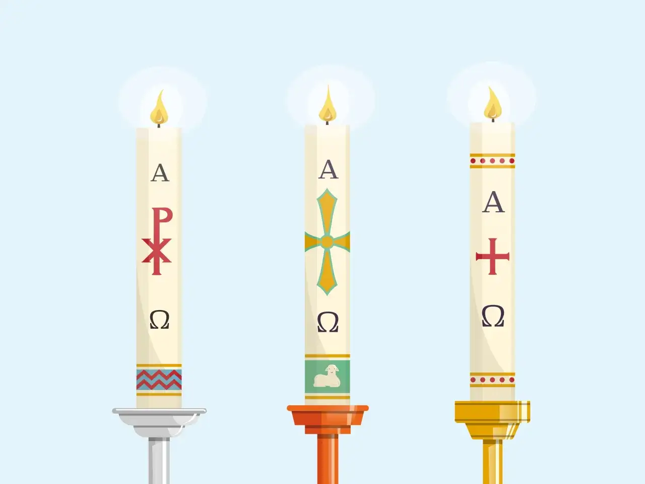 Trzy paschalne świece z symbolami Alfa, Omega, Chi-Rho i krzyżem. Mogą symbolizować nadzieję podczas mszy żałobnej.
