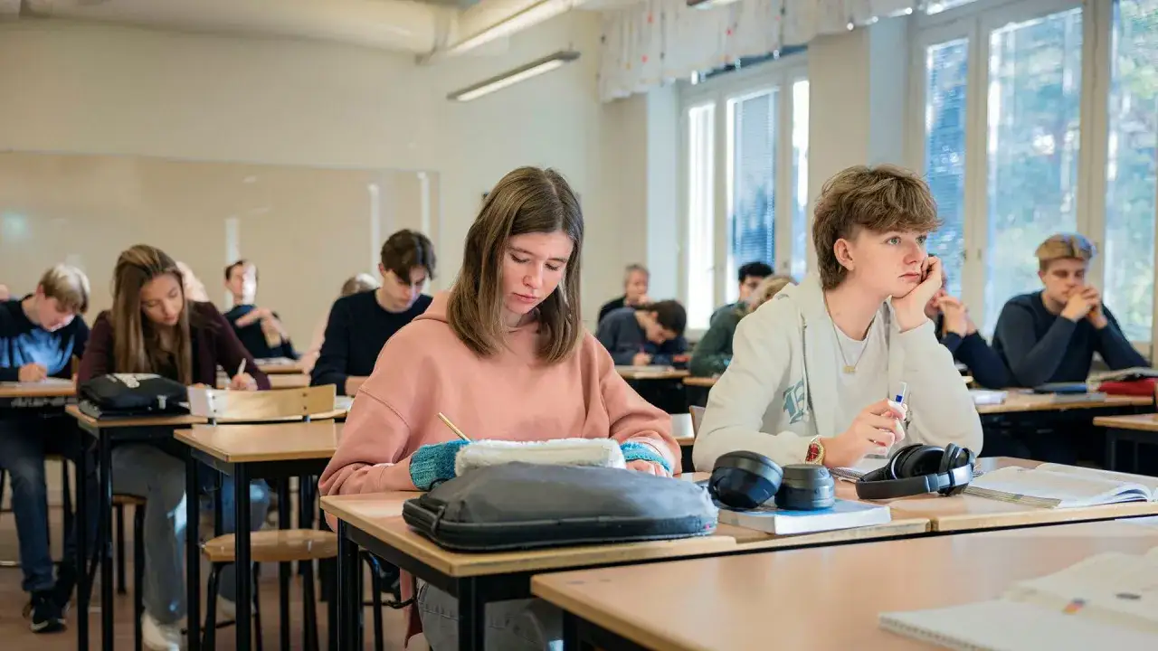 Elever sitter vid sina bänkar och skriver under ett gymnasium test.