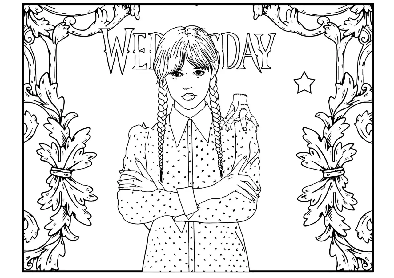 Dibujo para colorear de Wednesday Addams con su mano Thing. &iexcl;Un miercoles para colorear lleno de misterio y diversi&oacute;n!