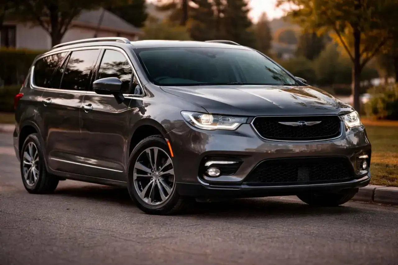 Elegancki, ciemnoszary minivan Chrysler Pacifica zaparkowany na ulicy. Idealny dla rodziny, jeden z wielu dostępnych minivany.