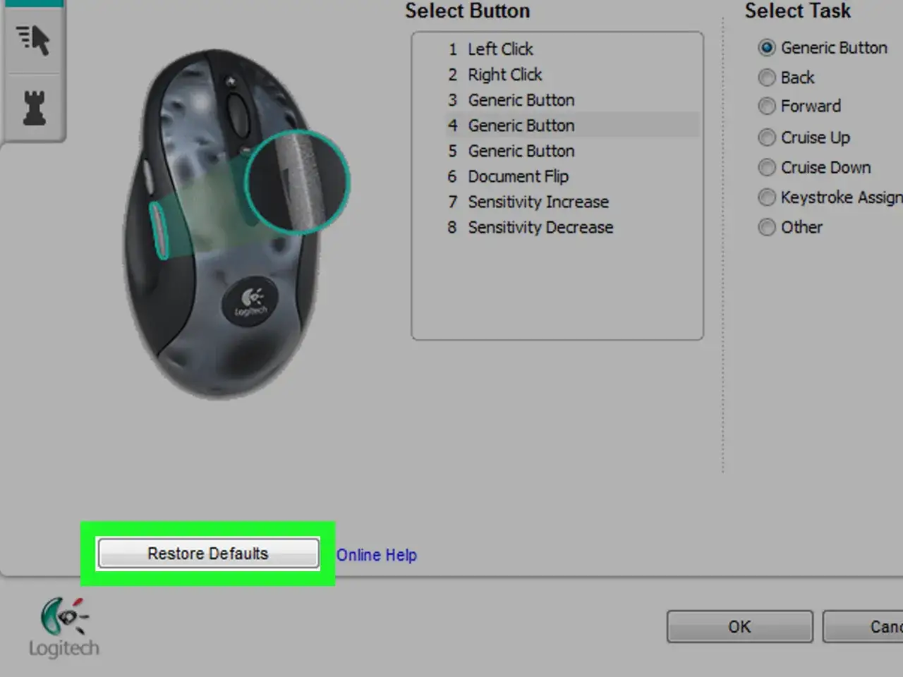 Logitech-Maus mit Software-Interface. Ein Button ist hervorgehoben, um eine Aktion festzulegen. Die Maus klickt doppelt auf