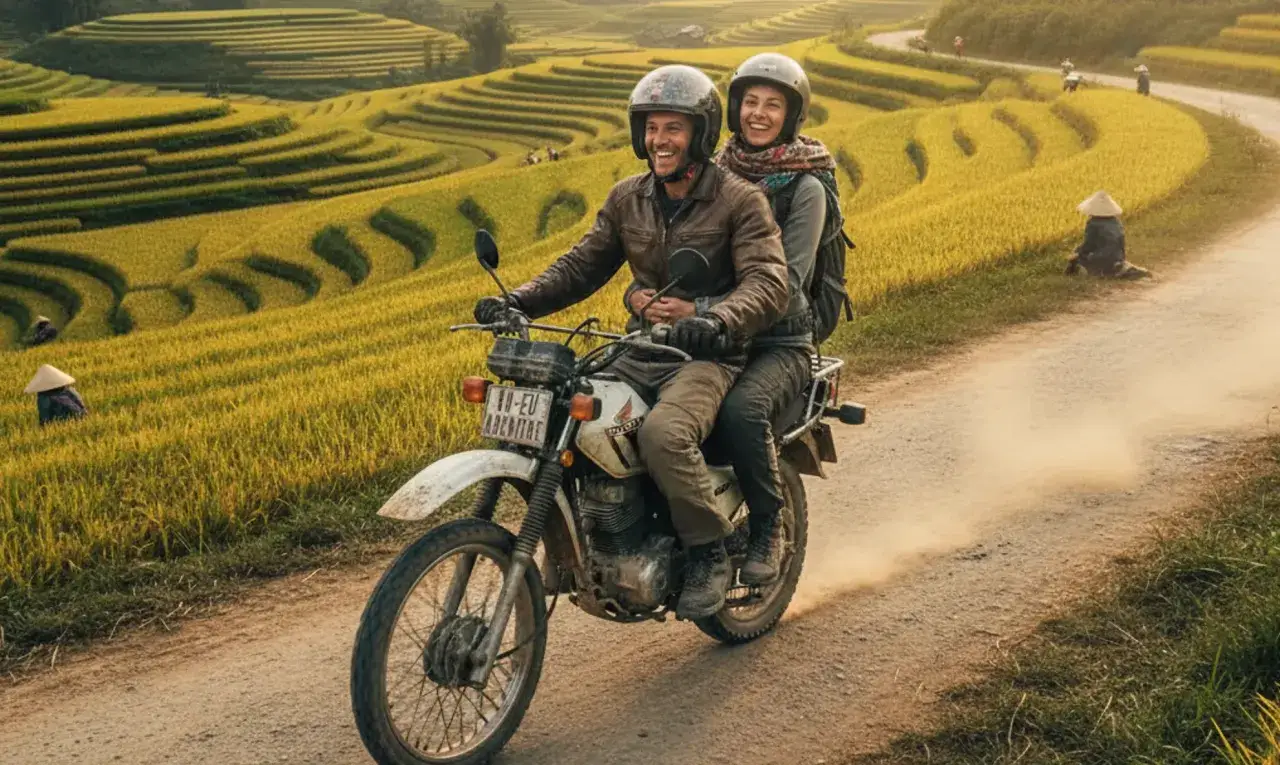 Para podróżuje motocyklem przez tarasowe pola ryżowe w Wietnamie. Uśmiechnięci i pełni radości, cieszą się podróżą, co może sugerować, że w Wietnamie jest bezpiecznie.