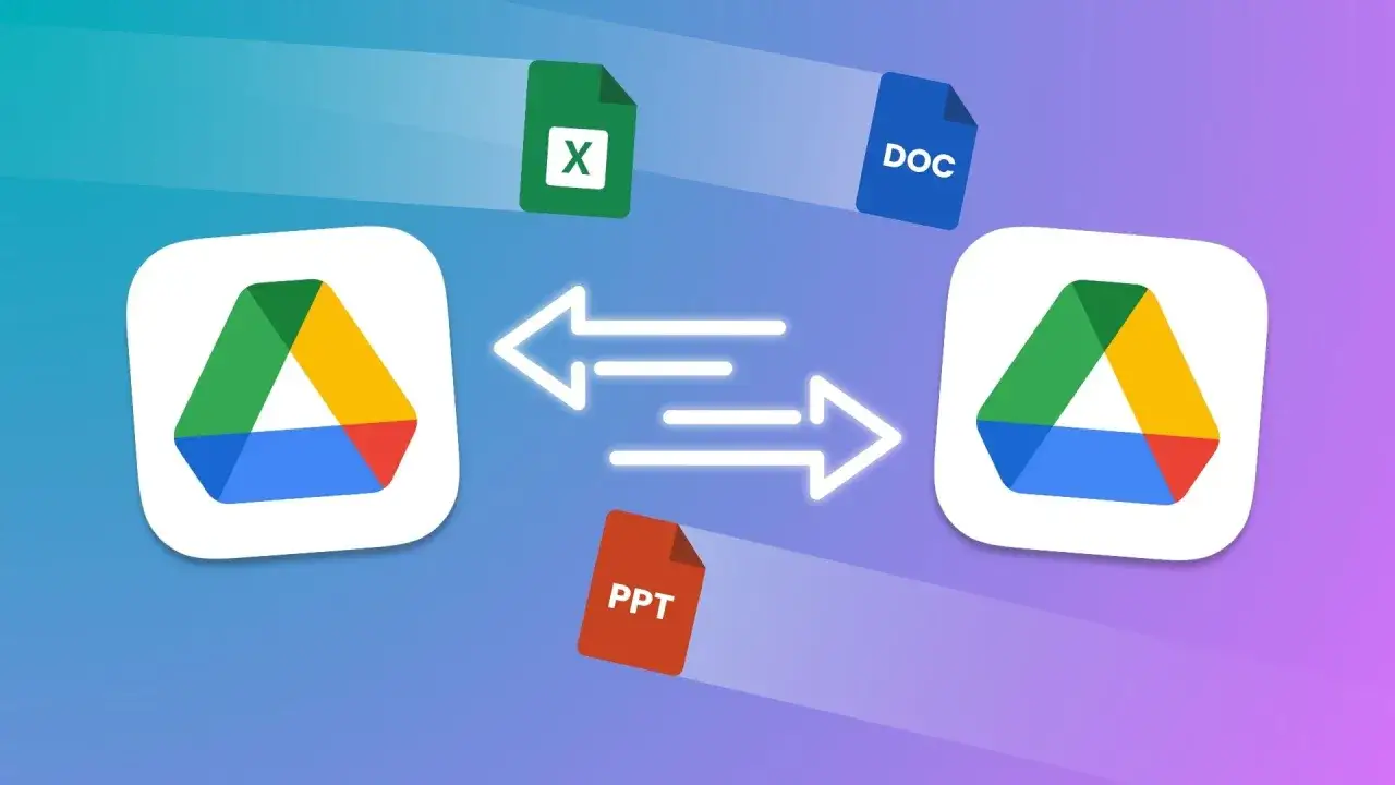 Ikony Google Drive połączone strzałkami symbolizującymi wymianę plików, jak połączyć konta Google.