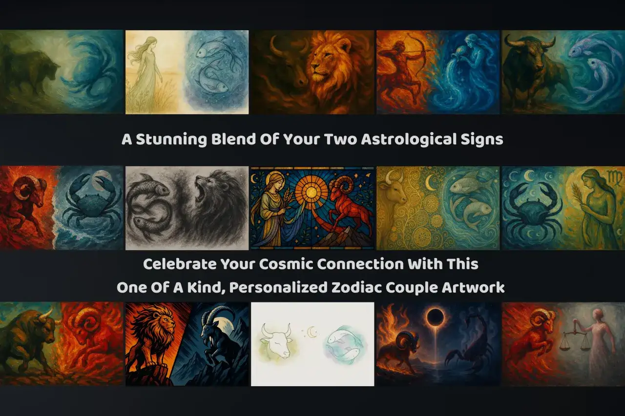 Obraz przedstawia dzieła sztuki zodiakalnej, w tym raka i wagę, symbolizujące kosmiczne połączenie.