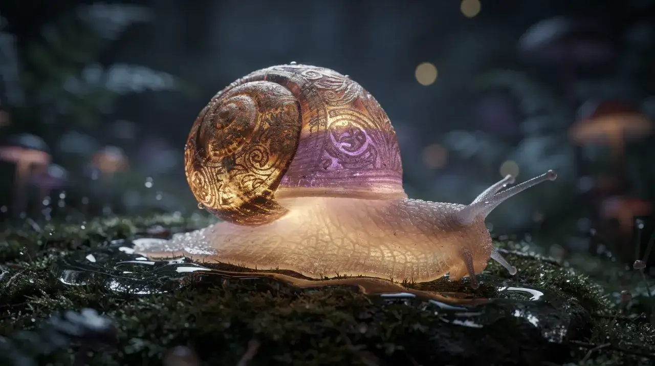 Un caracol con una concha ornamentada y translúcida, iluminada desde dentro, se desliza sobre musgo húmedo. Un mundo mágico donde soñar con caracoles es posible.