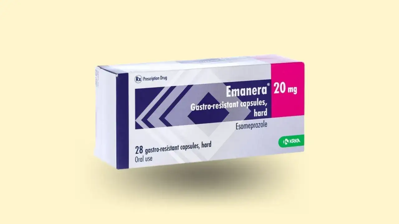 Opakowanie leku Emanera 20 mg, zawierające 28 kapsułek gastroopornochłonnych z ezomeprazolem.