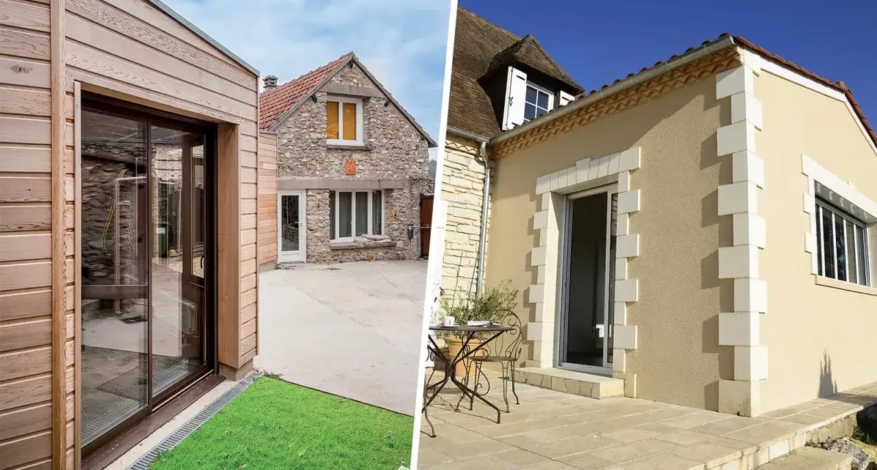 Extension de maison pas ch&egrave;re : comparaison d'une extension bois moderne et d'une r&eacute;novation de fa&ccedil;ade en pierre et cr&eacute;pi.