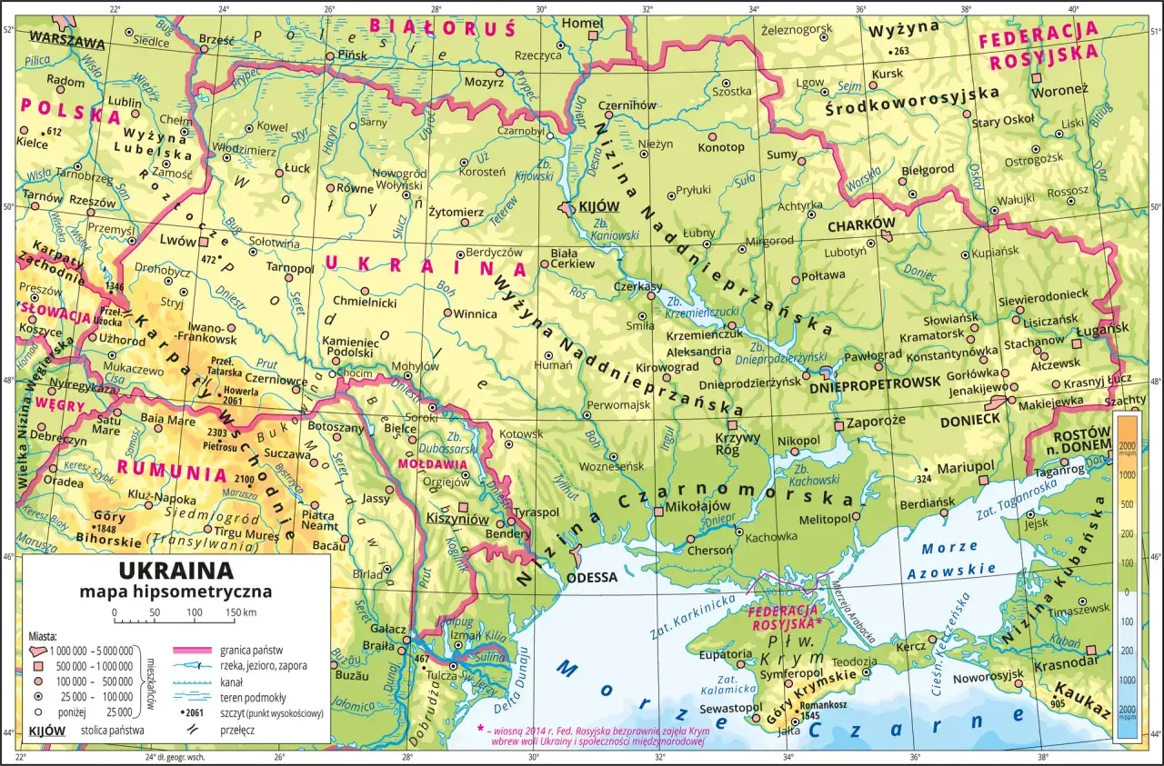 Mapa pokazuje z jakimi krajami graniczy Ukraina: Polska, Słowacja, Węgry, Rumunia, Mołdawia, Białoruś i Rosja.