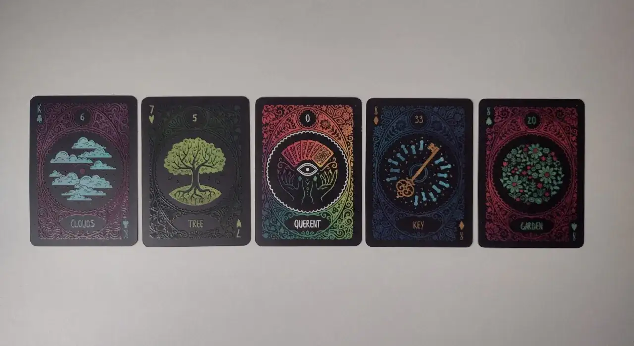 Pięć kart do wróżb: Chmury, Drzewo, Querent, Klucz, Ogród. Każda karta ma unikalny symbol i numer.