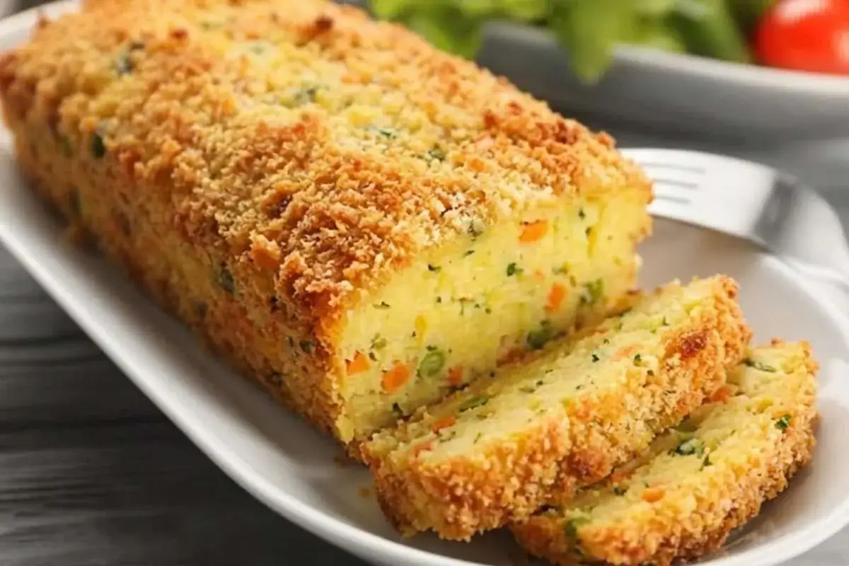 Polpettone di verdure dorato e croccante, con piselli e carote visibili all'interno. Un piatto sano e gustoso.