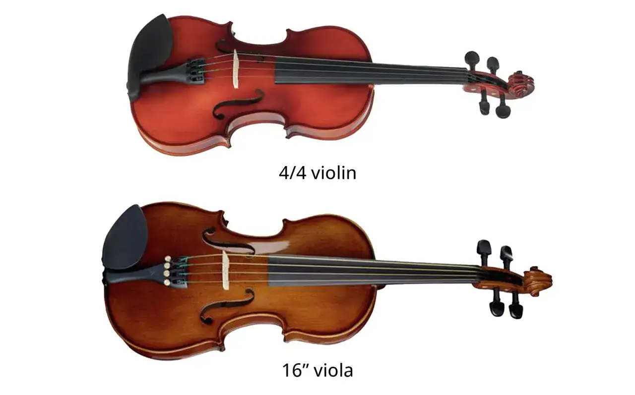 Oben eine Geige, unten eine Viola. Der Größenunterschied ist deutlich sichtbar.
