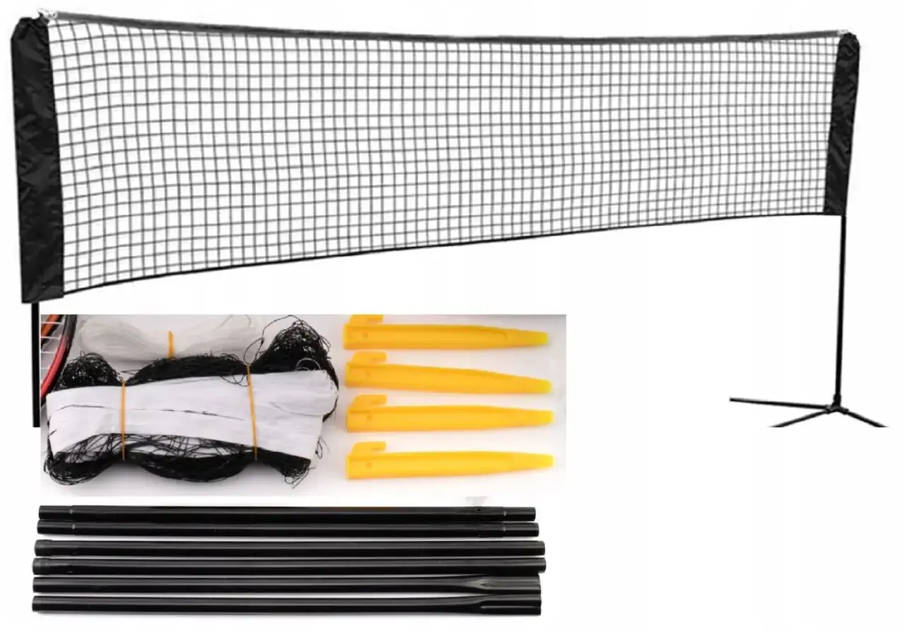 Zestaw do gry w badmintona: siatka, tyczki, kołki i sznurki. Gotowi na emocjonującą grę!