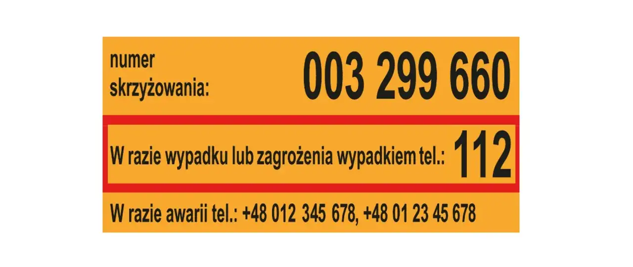 Numer skrzyżowania 003 299 660. W razie wypadku lub zagrożenia wypadkiem zadzwoń pod 112. W razie awarii tel.: +48 012 345 678, +48 01 23 45 678.