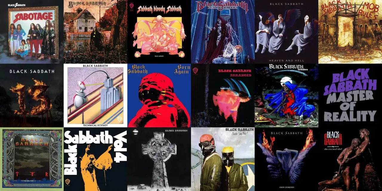 Collection d'albums de Black Sabbath : Sabotage, Paranoid, Master of Reality, Born Again, Technical Ecstasy, Heaven and Hell, et bien d'autres classiques du groupe.