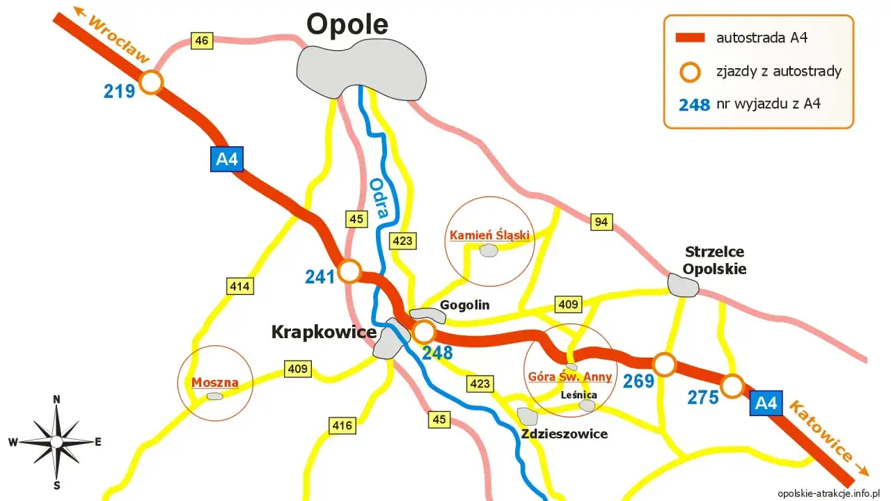 Mapa drogowa okolic Opola. Zamek Moszna znajduje się na zachód od Krapkowic, blisko autostrady A4.