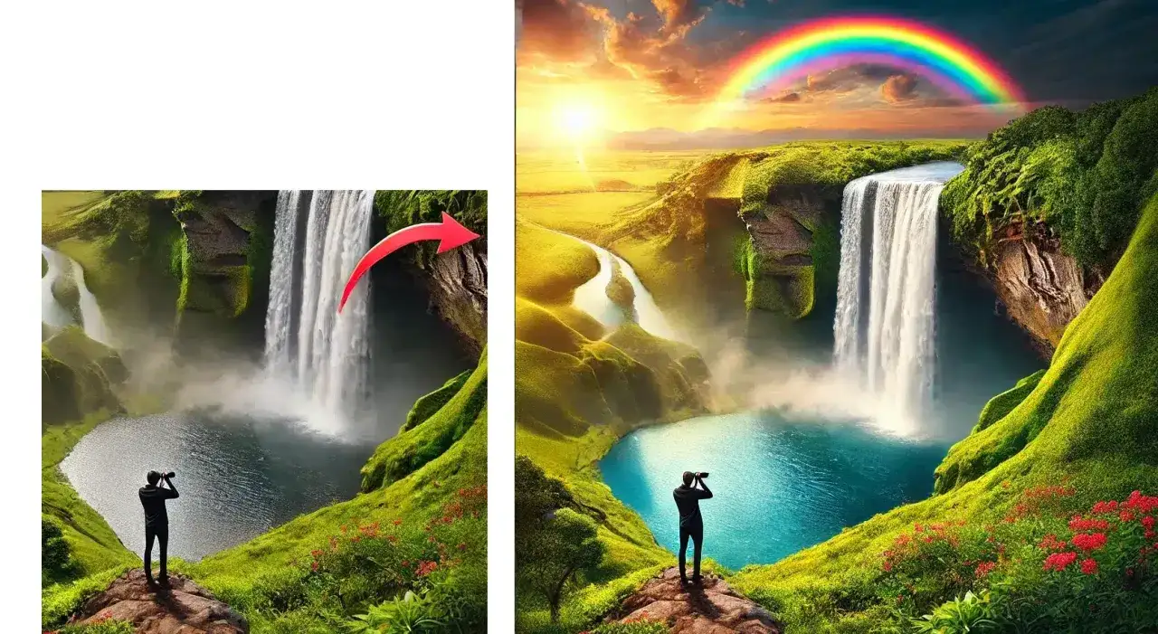 Widok wodospadu przed i po magicznej transformacji. AI Photoshop dodał tęczę i słoneczny blask, tworząc bajkową scenerię.