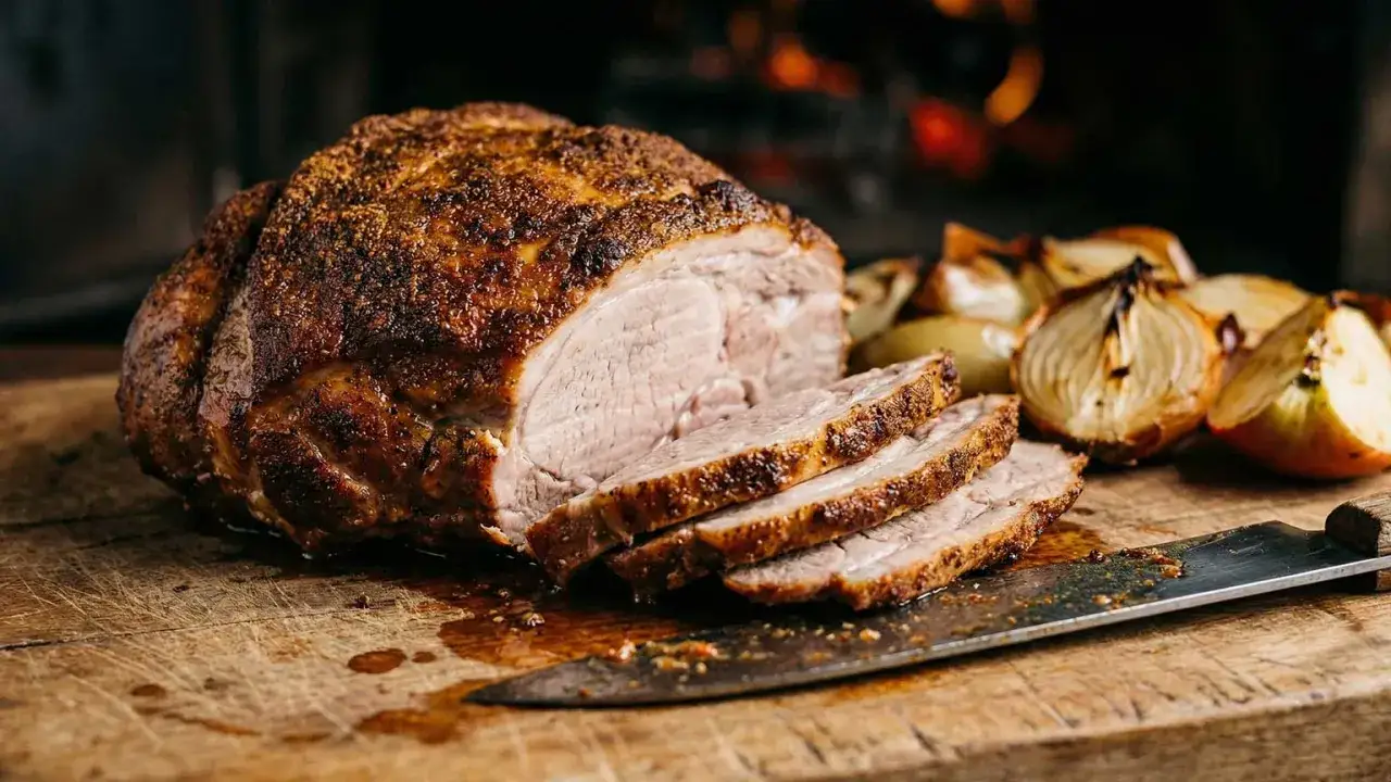 Saftiger Nackensteak im Backofen, perfekt gebräunt und auf einem Holzbrett mit gerösteten Zwiebeln und einem Messer angerichtet.