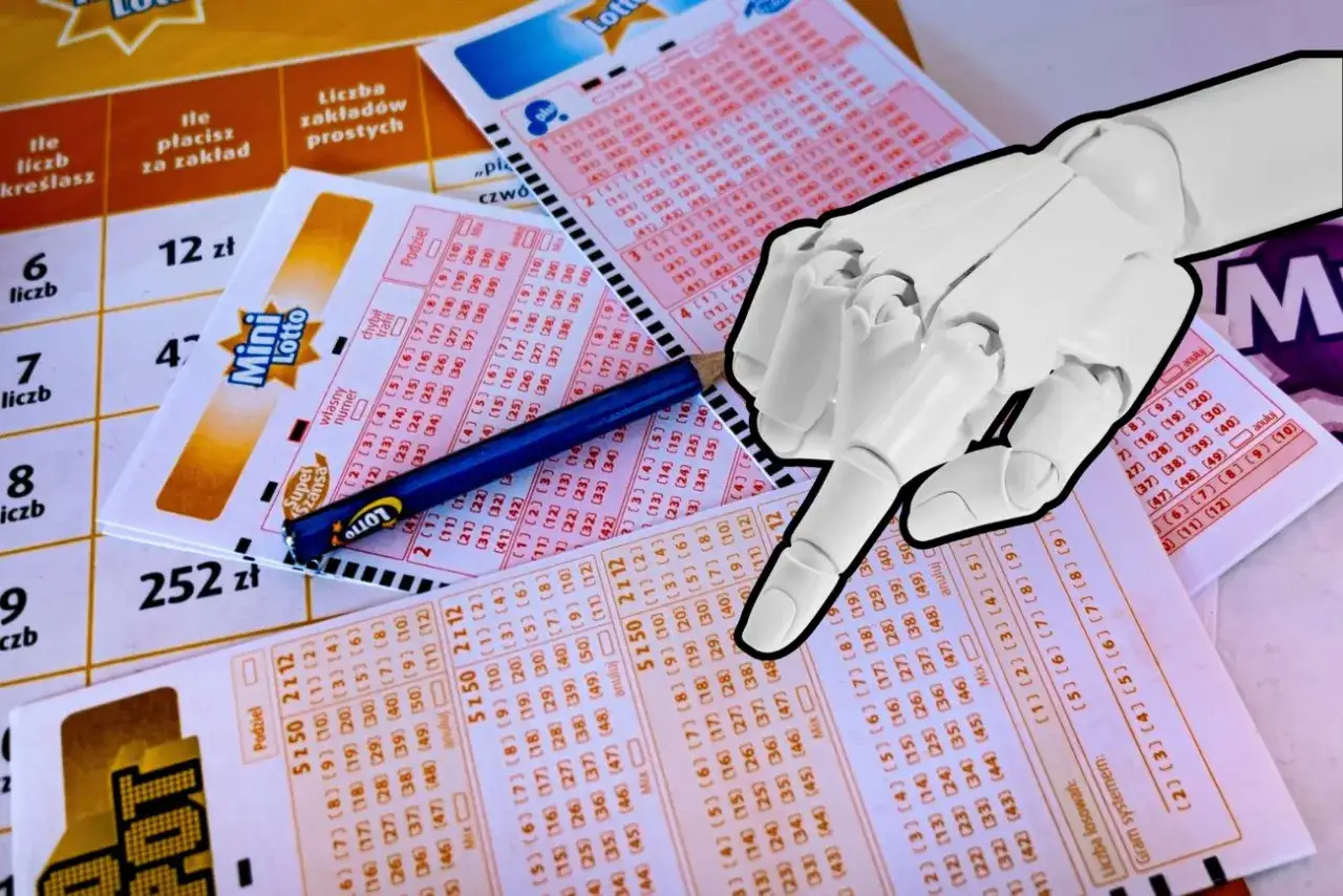 Robot wskazuje na kupony lotto, sugerując, jak wybrać szczęśliwe liczby.