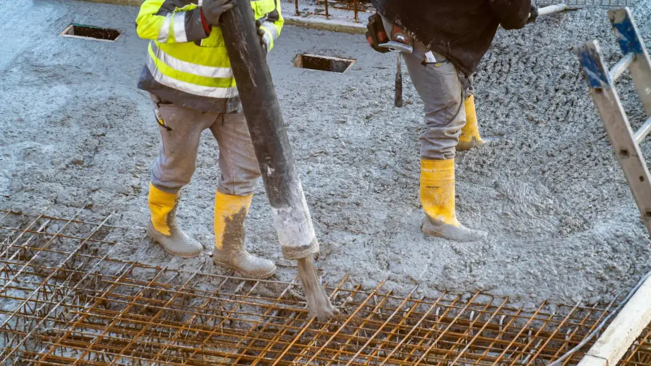 Arbeiter mit gelben Stiefeln pumpen flüssigen Beton über eine Stahlbewehrung. Der Unterschied zwischen Zement und Beton wird hier deutlich: Zement ist nur ein Bindemittel.