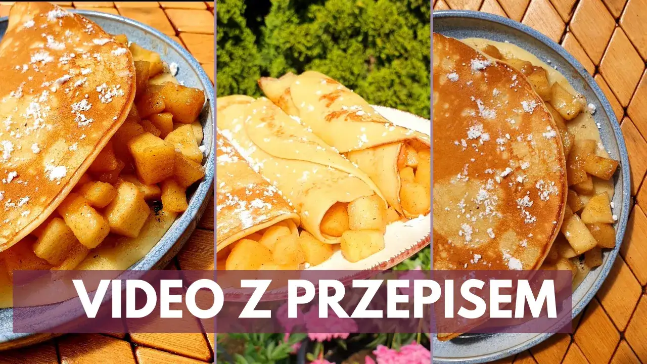 Pyszne naleśniki z jabłkami, posypane cukrem pudrem. Idealne na deser, przepis wideo.