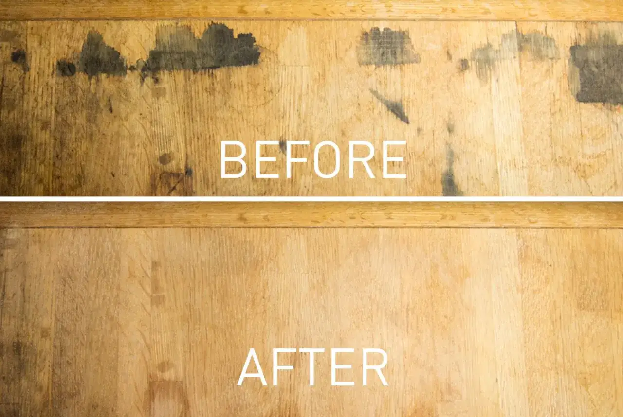 Before and after comparison showing how to remove stain from wood. The top panel displays dark, unsightly marks on a wooden surface, while the bottom panel reveals a clean, restored finish.