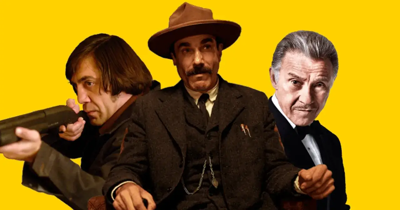 Trzech mężczyzn z filmów, którzy gwarantują naprawdę dobre filmy: Javier Bardem z karabinem, Daniel Day-Lewis w kapeluszu i Robert De Niro w smokingu.