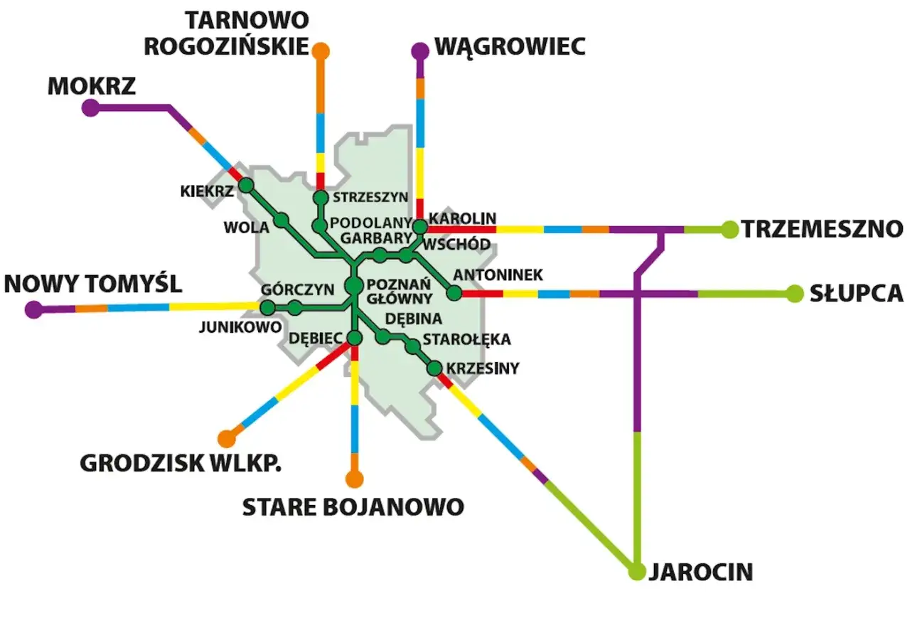 Mapa kolejowa z Poznaniem w centrum, łącząca m.in. Bolesławiec z Jarocinem, Trzemsznem i Wągrowcem.