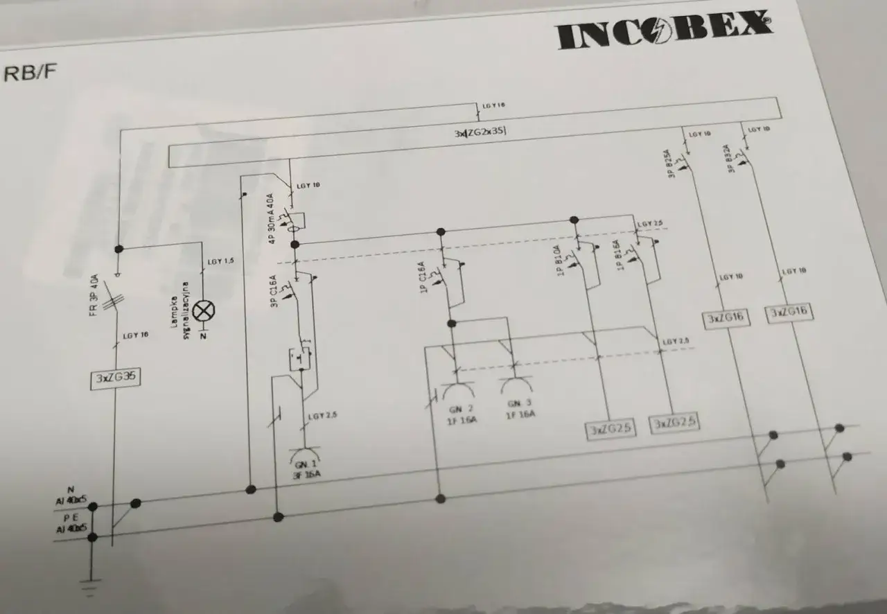 Schemat elektryczny układu TT z zabezpieczeniami i obwodami.