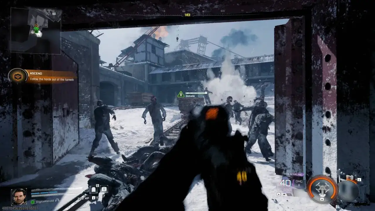 Gracz w grze black ops 7 walczy z hordą zombie na ośnieżonym terenie przemysłowym.