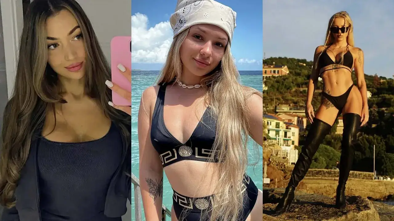 Trzy kobiety w strojach kąpielowych. Jedna robi selfie, druga pozuje nad morzem, a trzecia w butach za kolano. Ich uśmiechy wspaniale wags.