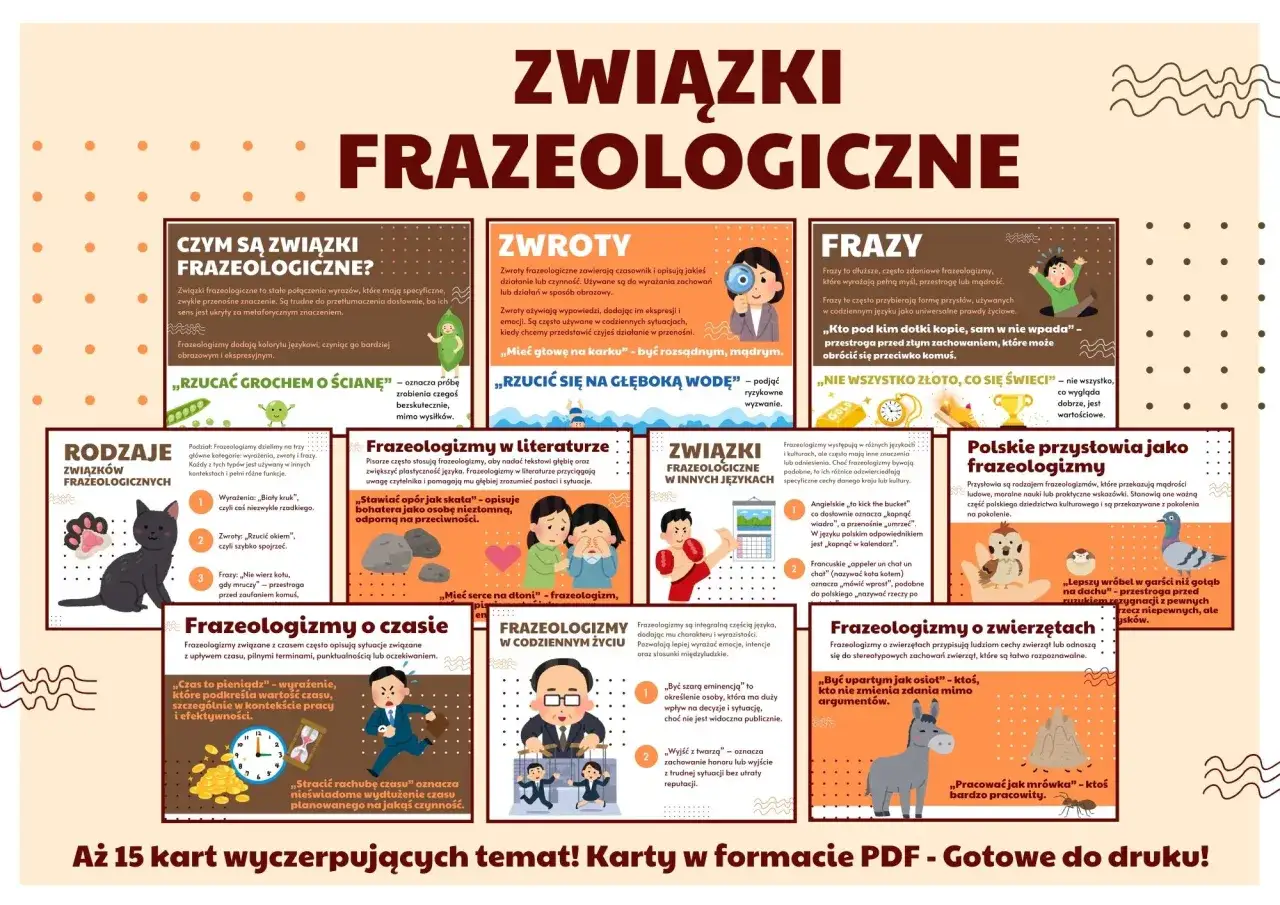 Ilustracja wyjaśnia, czym są związki frazeologiczne, podając przykłady i rodzaje. Frazeologizm 