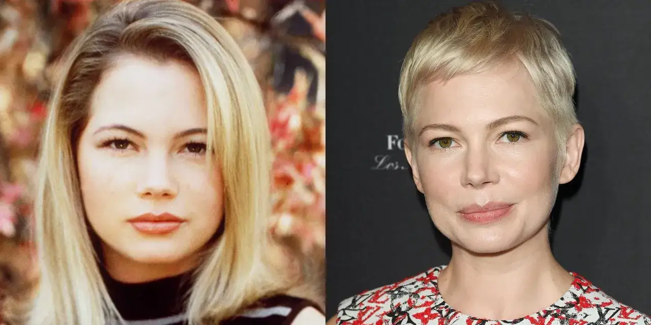 Michelle Williams som Jen Lindley i rollistan i Dawsons Creek, jämförd med hennes nuvarande utseende.