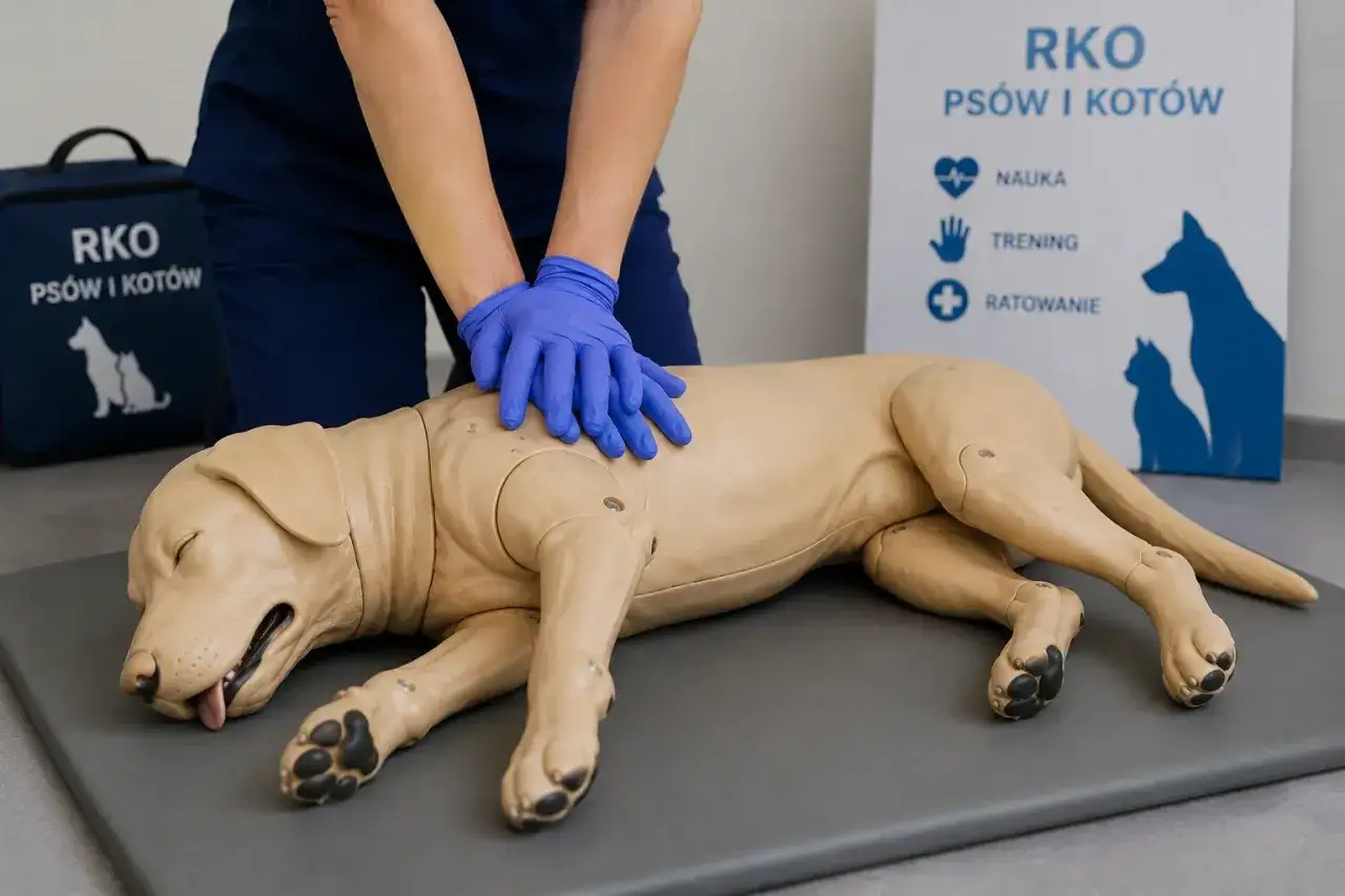 Ćwiczenie resuscytacji na manekinie psa, symulacja wstrząsu anafilaktycznego. Ręce w niebieskich rękawiczkach uciskają klatkę piersiową.