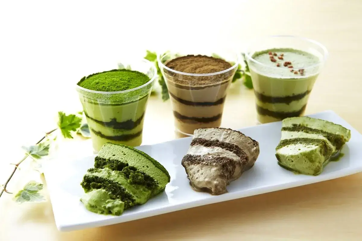 Drei k&ouml;stliche Matcha-Desserts in Gl&auml;sern und auf einem Teller, verziert mit gr&uuml;nem Pulver und Schokoladenstreifen.