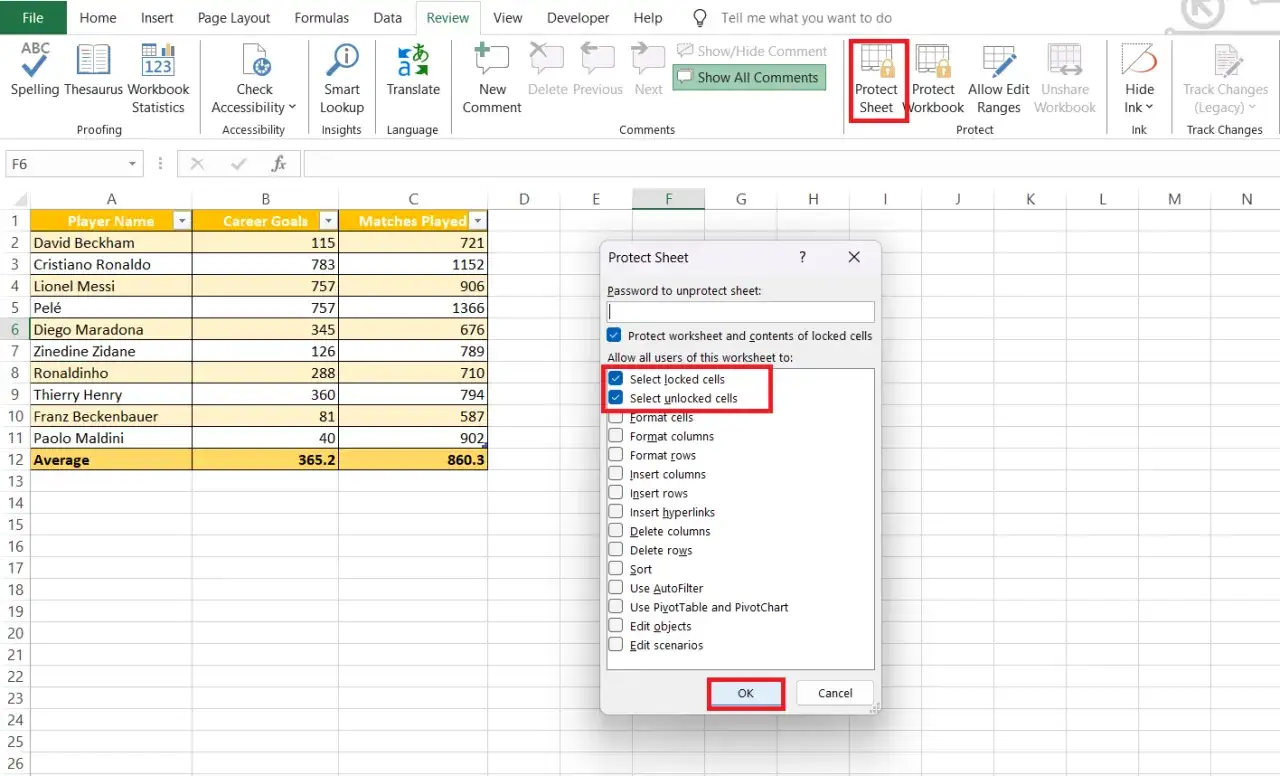 Blokowanie komórek Excel: zaznaczono opcję 