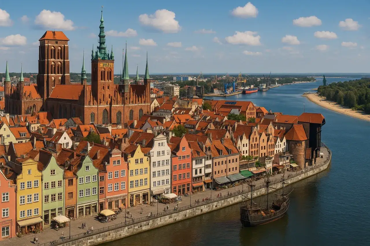 Kolorowe kamienice nad Motławą w Gdańsku, części Tr&oacute;jmiasta, Polska. W tle widać port i rzekę.