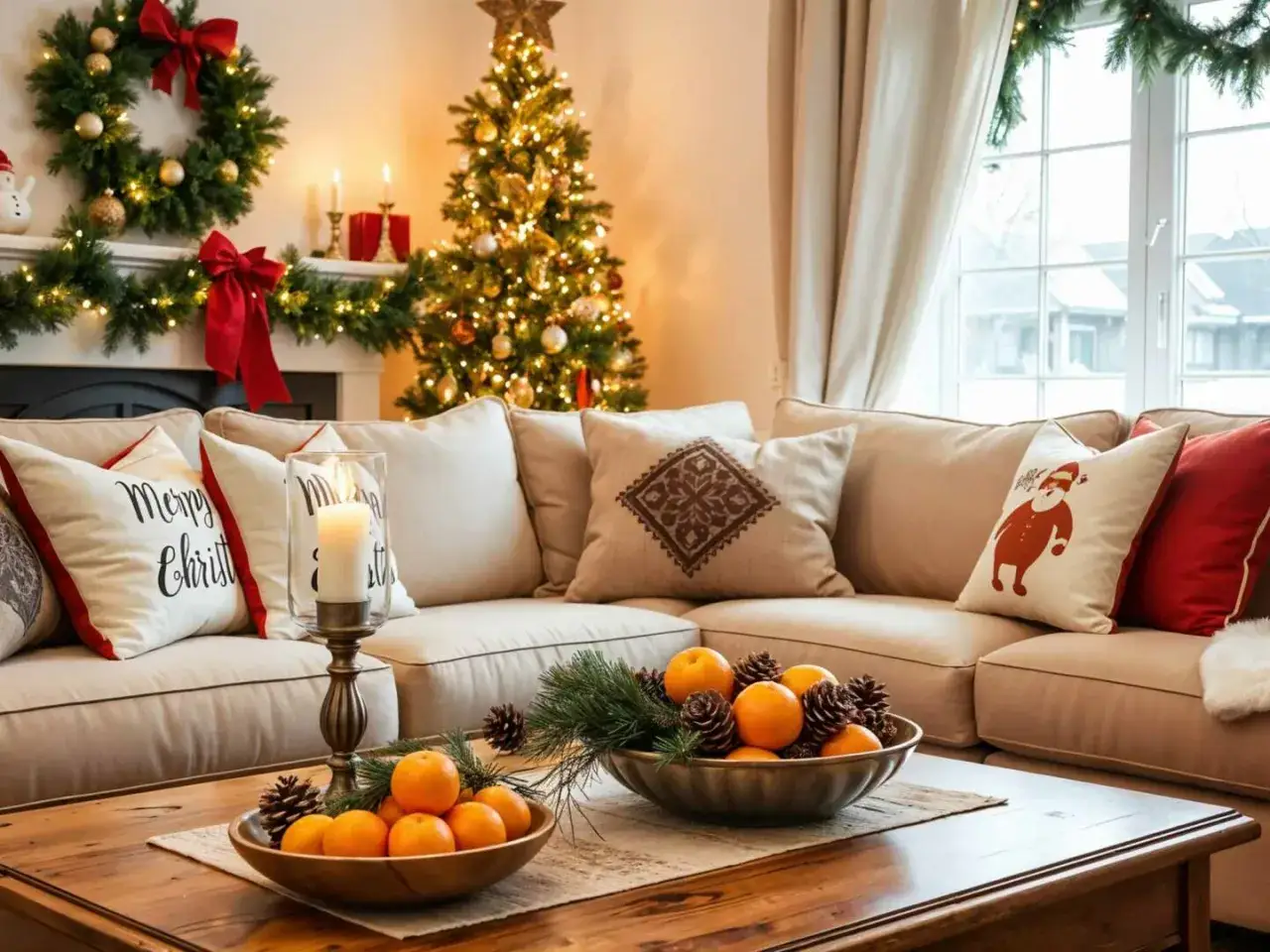 Gemütliche Wohnzimmer-Weihnachtsdeko-Tipps: Lichterbaum, Kranz, Kissen mit Weihnachtsmotiv & Mandarinen-Deko.