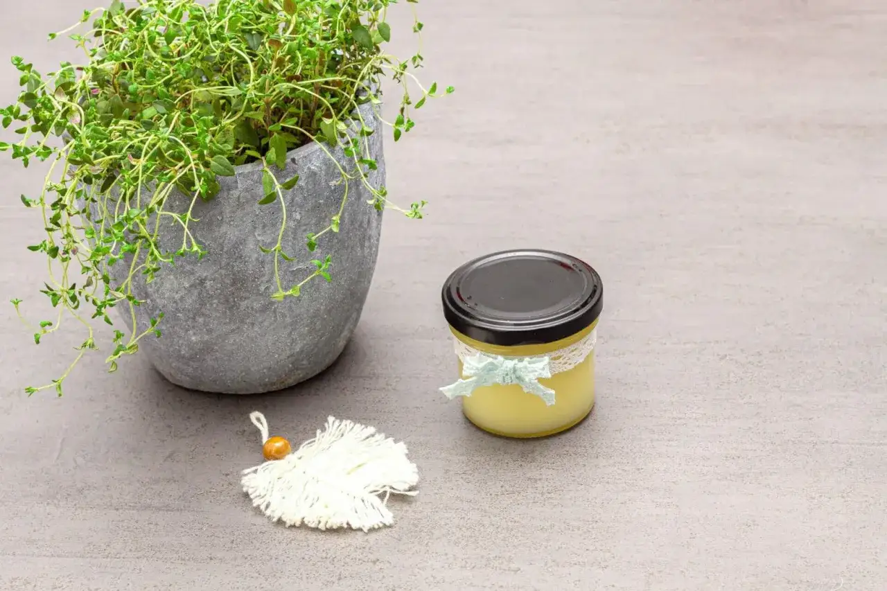 Ein Glas selbstgemachte Handcreme, verziert mit Spitze und Schleife, neben einem Topf mit frischen Kr&auml;utern.