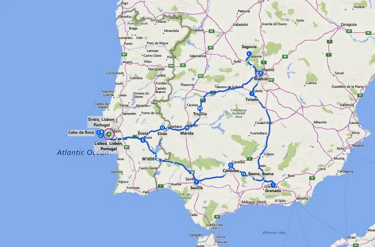 Mapa de una ruta para viajar a Portugal en coche, comenzando en Lisboa y recorriendo varias ciudades de España como Madrid y Sevilla.