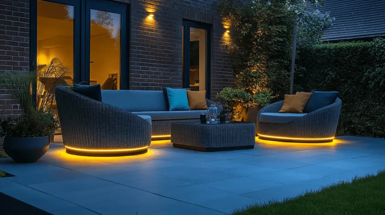 Gemütliches **outdoor wohnzimmer** mit bequemen Rattansesseln und Sofa, beleuchtet von warmem Licht.
