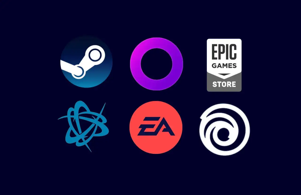 Ikony platform dystrybucji: Steam, Epic Games, EA, Blizzard, Ubisoft. Wiele opcji dla graczy, którzy szukają najlepszych **gry na komputer**.