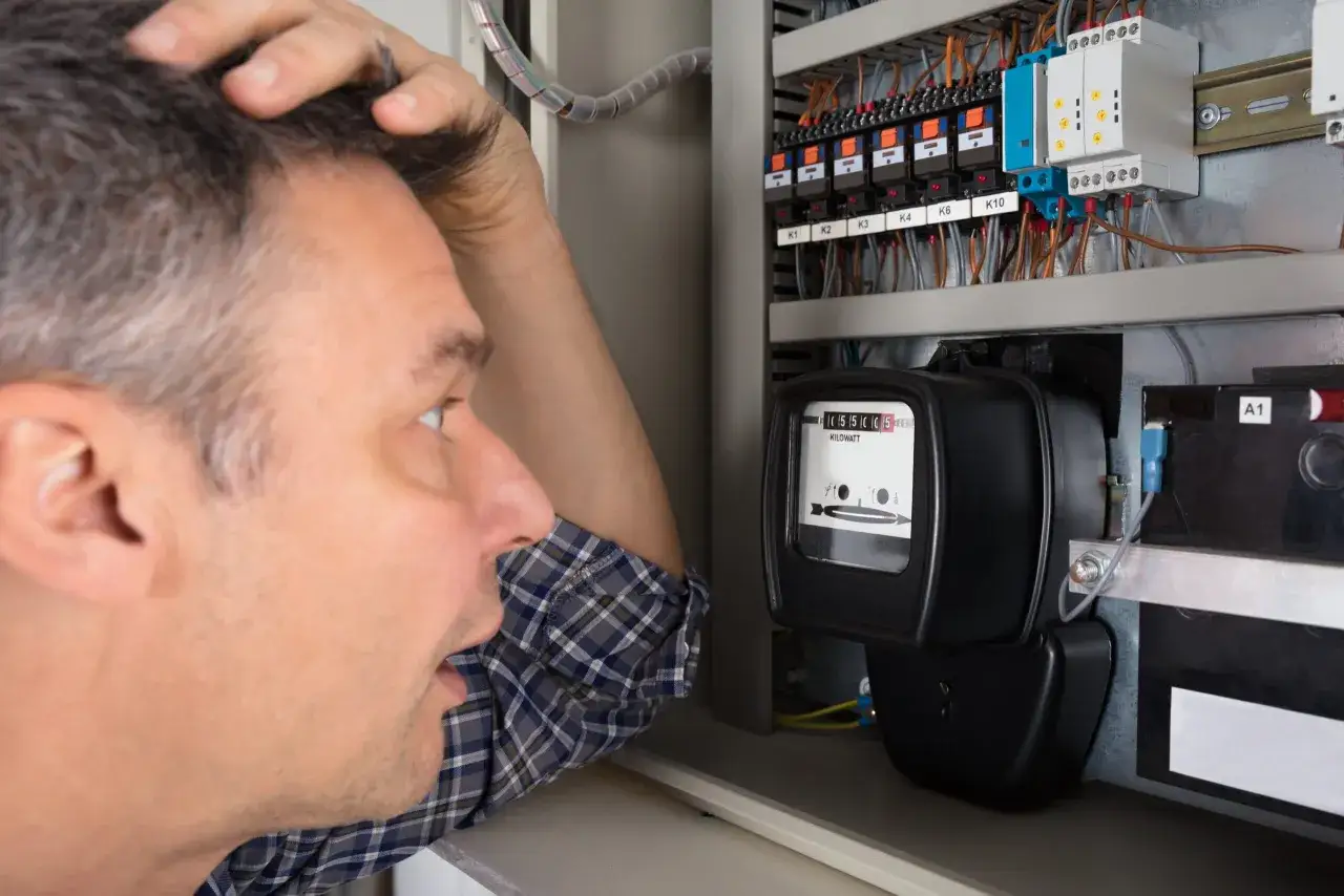 Mężczyzna zmartwiony patrzy na licznik energii elektrycznej, podejrzewając kradzież prądu.