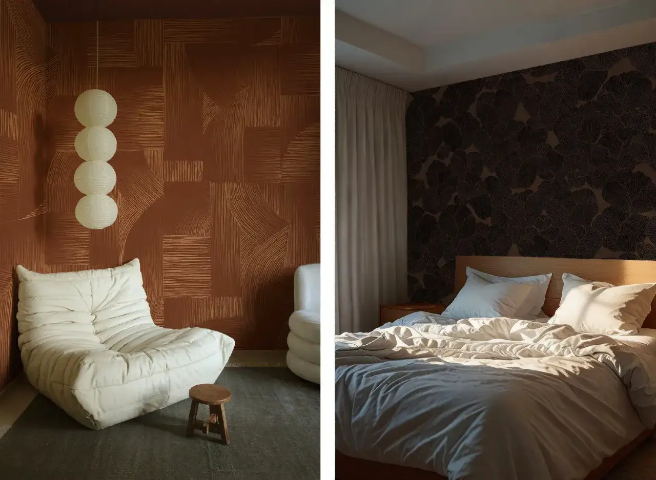 Ett minimalistiskt hem med en bekv&auml;m soffa och en inbjudande s&auml;ng. Varma f&auml;rger och texturer skapar en lugn atmosf&auml;r.