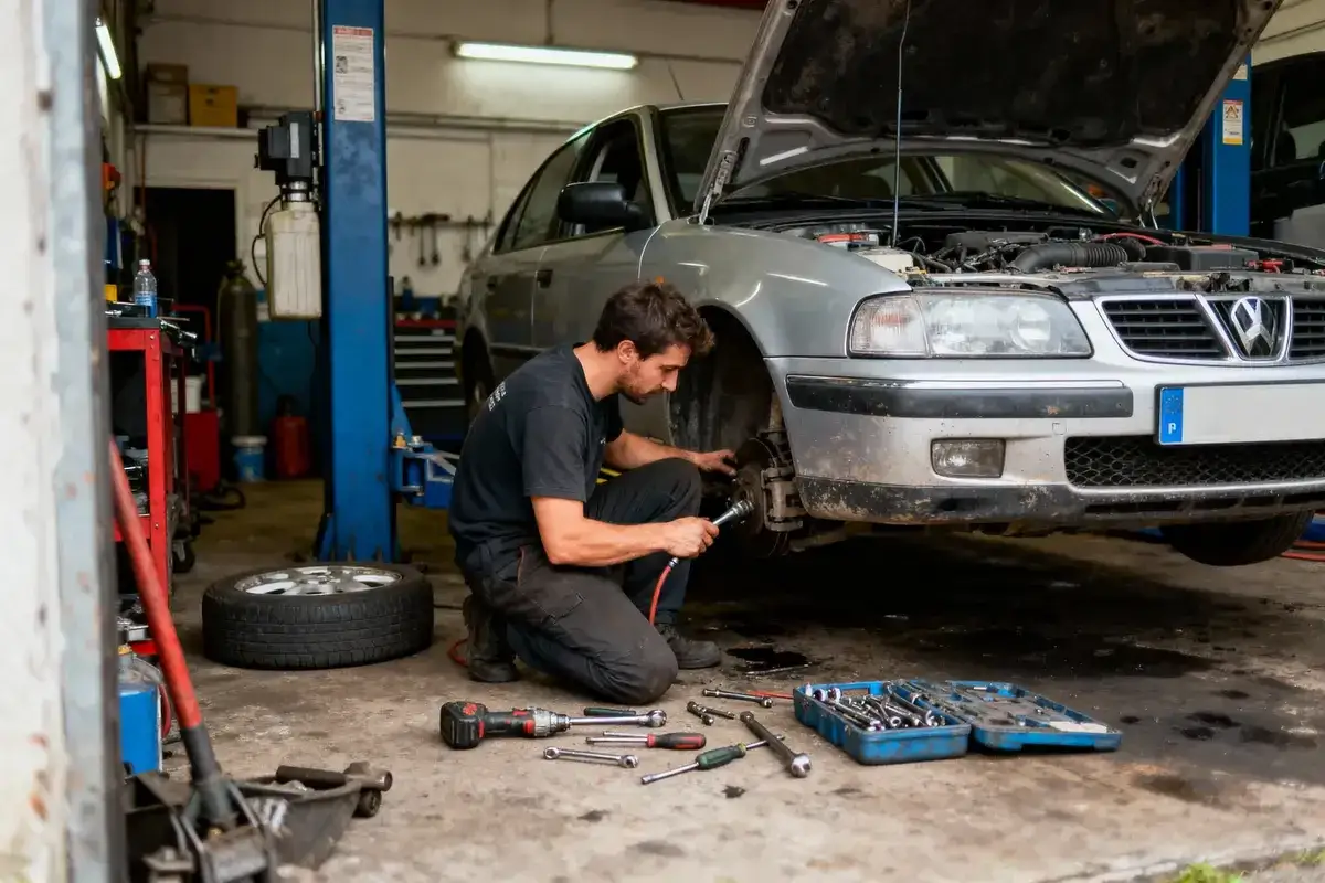 Mécanicien travaillant sur un frein de voiture. Outils et pièces à proximité. Le prix de la main d'œuvre de garage est une préoccupation pour de nombreux propriétaires de véhicules.